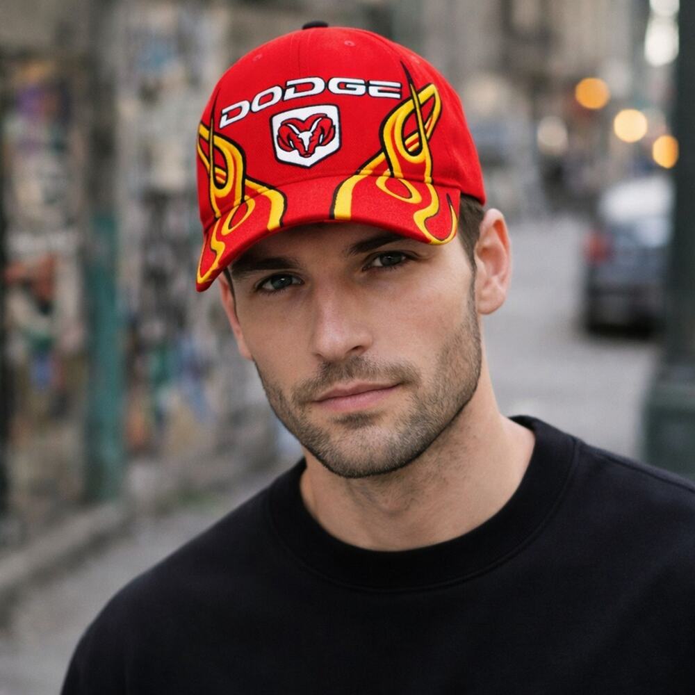 Vintage Y2k Dodge Truck Hat Red Flames Ram Logo Ball Cap Fire Embroidered